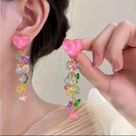 Pink Heart Shaped Tassel Earrings - Picture 1 of 4